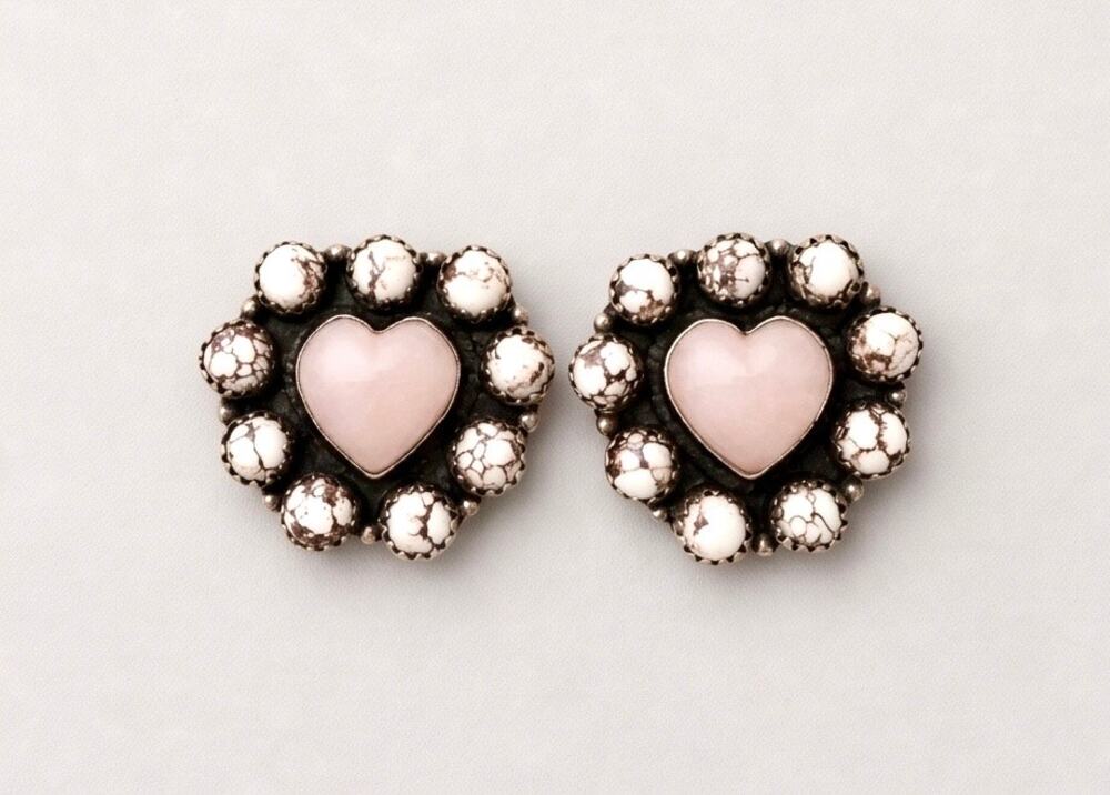 Wild Horse Jasper & Pink Opal Heart Shaped Earrings 925 Sterling